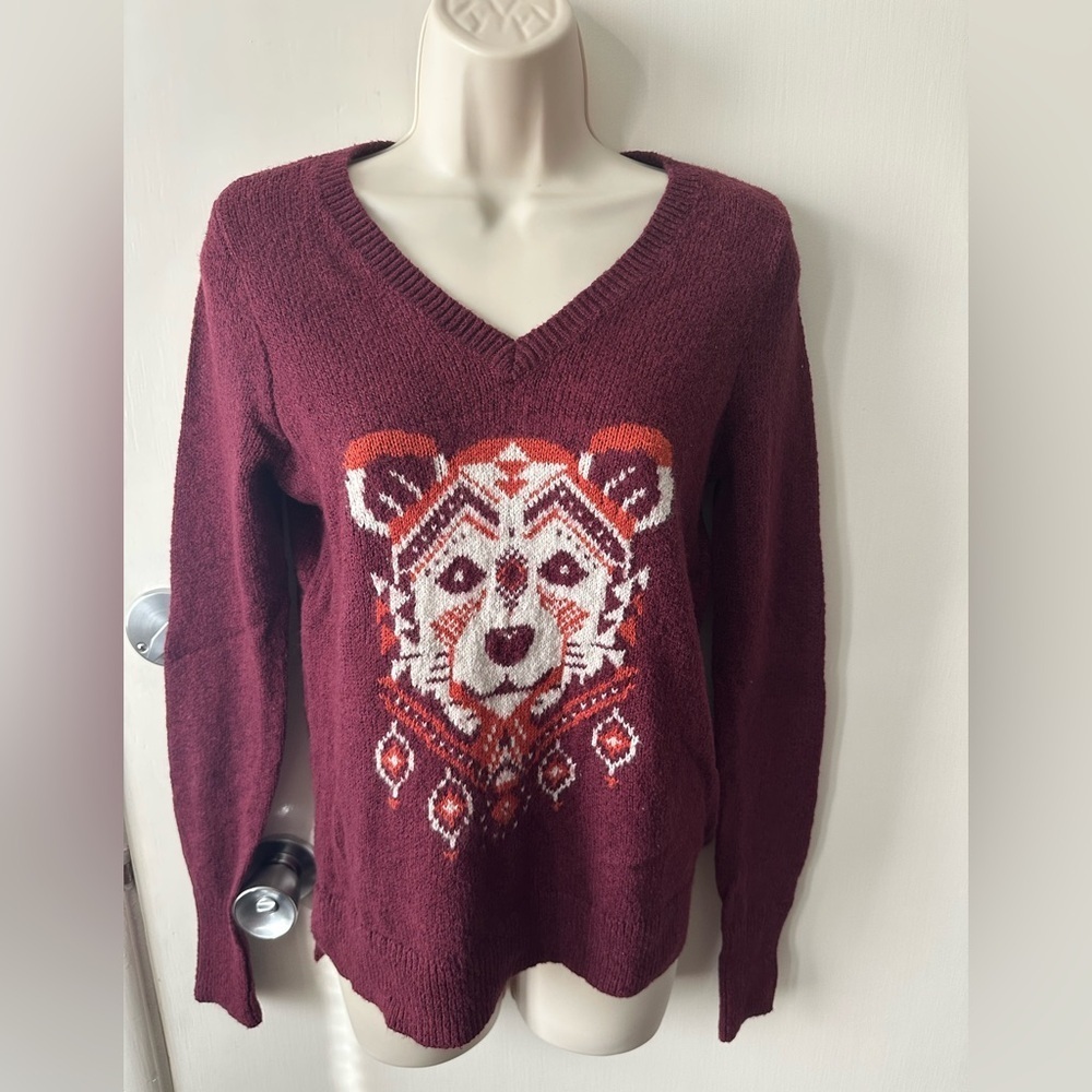 Hollister Burgundy V-Neck Sweater with Bear Pattern